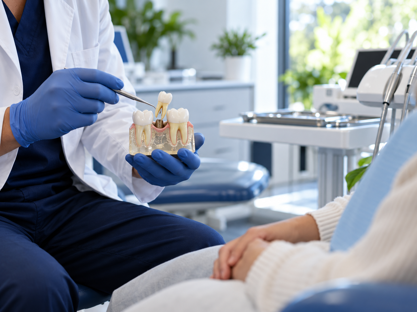 Profesional explica una extracción con un modelo dental